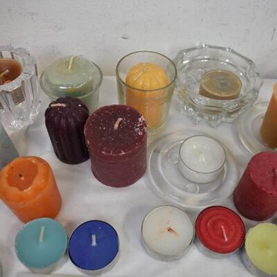 Lot of Assorted Candles, Assorted Sizes, votives, Candle Holders