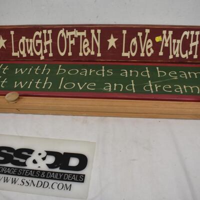 3 Long Wooden Signs, Live Well * Laugh Often * Love Much, 1 with Hooks