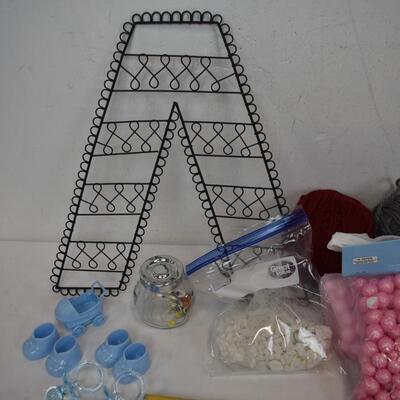 Crafts Supplies: 2 Gold Pinecones, Yarn Balls, A Frame, Pink Balls