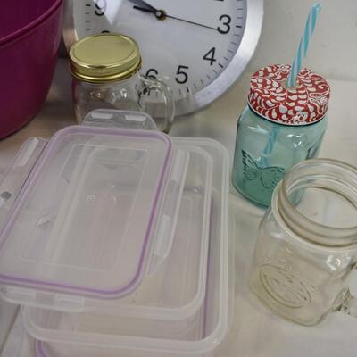 15 pc Kitchen: Mugs, Bowls, Clock, Canning Jars,