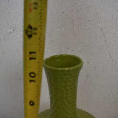 2 Green Flower Vases, Different Sizes, 1 Small Cream Plate
