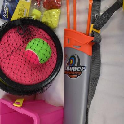 Toy Lot: Water Balloons, Bows, Inflatable Bats and Net