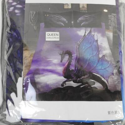 Queen Size Sheet, 2 Pillow Cases, Purple Dragon
