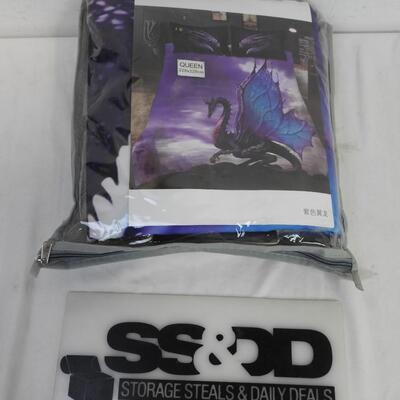 Queen Size Sheet, 2 Pillow Cases, Purple Dragon