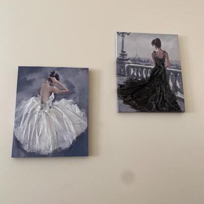 Pair of Decorative Mixed Media Prints on Canvas of Ladies in Evening Gowns