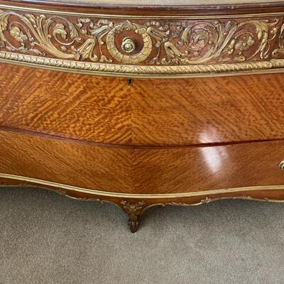 French Louis XV Style Parquetry & Marble Top Chest of Drawers