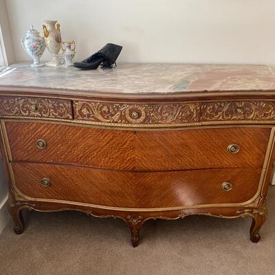 French Louis XV Style Parquetry & Marble Top Chest of Drawers