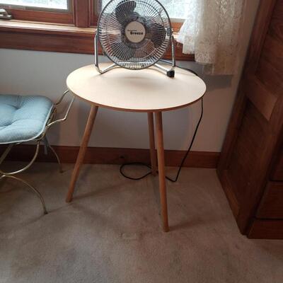 Padded Bustle Chair, Table, and Fan