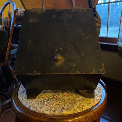 Antique metal coal bucket with scoop.