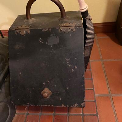 Antique metal coal bucket with scoop.