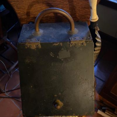 Antique metal coal bucket with scoop.