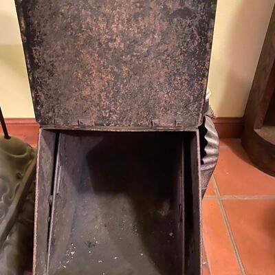 Antique metal coal bucket with scoop.