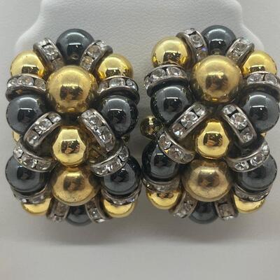 Lot 2: Vintage Chunky Costume Metallic Gold Collar Necklace & Clip-on Earrings