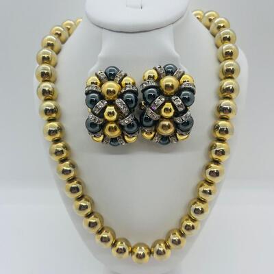 Lot 2: Vintage Chunky Costume Metallic Gold Collar Necklace & Clip-on Earrings