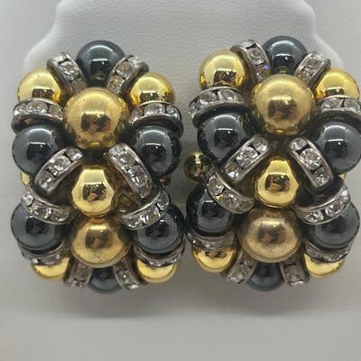 Lot 2: Vintage Chunky Costume Metallic Gold Collar Necklace & Clip-on Earrings
