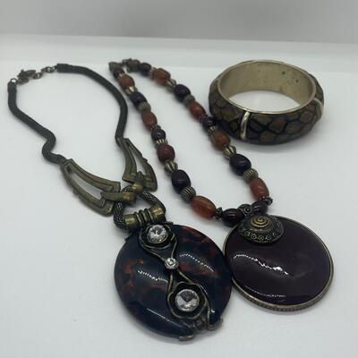 Lot 3: Vintage Carved Wood and Brass Bangle Bracelet & Earth Tone Necklaces Inspired by Nature.