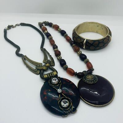 Lot 3: Vintage Carved Wood and Brass Bangle Bracelet & Earth Tone Necklaces Inspired by Nature.