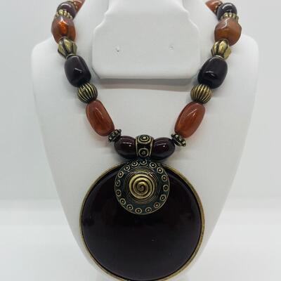 Lot 3: Vintage Carved Wood and Brass Bangle Bracelet & Earth Tone Necklaces Inspired by Nature.