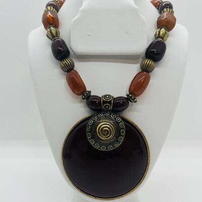 Lot 3: Vintage Carved Wood and Brass Bangle Bracelet & Earth Tone Necklaces Inspired by Nature.