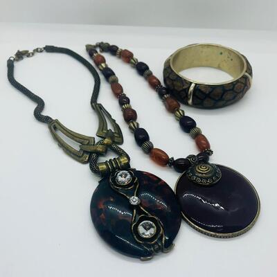 Lot 3: Vintage Carved Wood and Brass Bangle Bracelet & Earth Tone Necklaces Inspired by Nature.