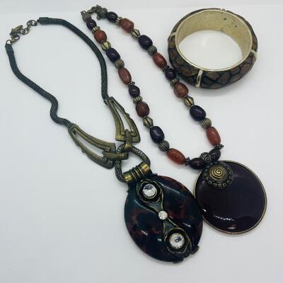 Lot 3: Vintage Carved Wood and Brass Bangle Bracelet & Earth Tone Necklaces Inspired by Nature.