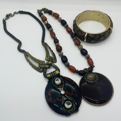 Lot 3: Vintage Carved Wood and Brass Bangle Bracelet & Earth Tone Necklaces Inspired by Nature.