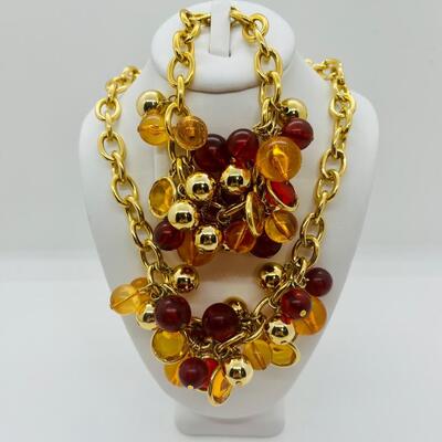 Lot 21: Faux Red/Amber Goldtone Choker and Bracelet (Lightweight, Summer Perfect)