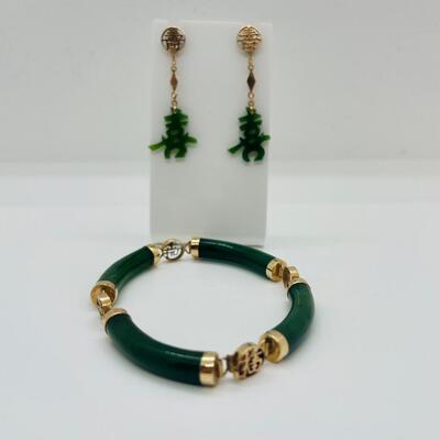 Lot 26: 14k Gold Luck and Prosperity Jade Bracelet and Pierced Earrings