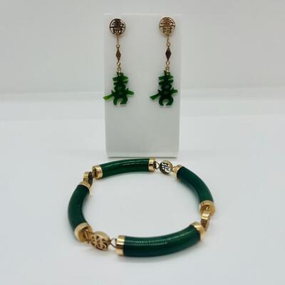 Lot 26: 14k Gold Luck and Prosperity Jade Bracelet and Pierced Earrings