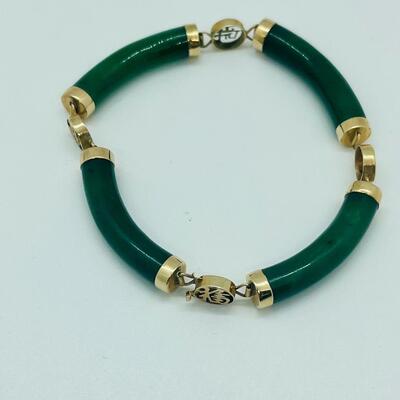 Lot 26: 14k Gold Luck and Prosperity Jade Bracelet and Pierced Earrings