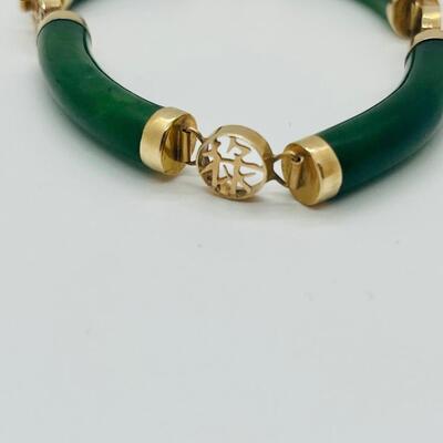 Lot 26: 14k Gold Luck and Prosperity Jade Bracelet and Pierced Earrings