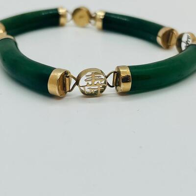 Lot 26: 14k Gold Luck and Prosperity Jade Bracelet and Pierced Earrings