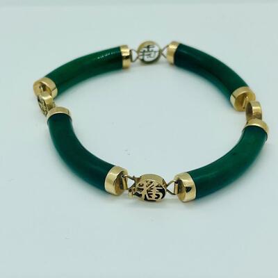 Lot 26: 14k Gold Luck and Prosperity Jade Bracelet and Pierced Earrings
