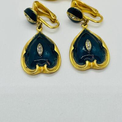 Lot 27: Vintage Marvella Green Enamel Maltese Cross & Rhinestone Brooch w/ Clip-on Earrings