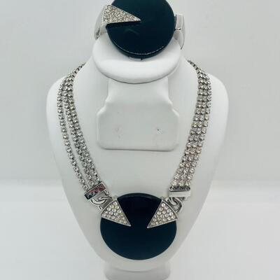 Lot 29: HTF Art Deco Vintage Trifari Set: Black and Rhinestone, Geometric, Unique Clasp and another bracelet Crown Trifari bangle