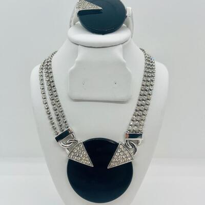 Lot 29: HTF Art Deco Vintage Trifari Set: Black and Rhinestone, Geometric, Unique Clasp and another bracelet Crown Trifari bangle