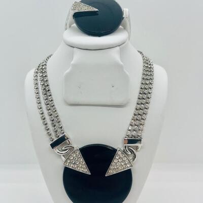 Lot 29: HTF Art Deco Vintage Trifari Set: Black and Rhinestone, Geometric, Unique Clasp and another bracelet Crown Trifari bangle