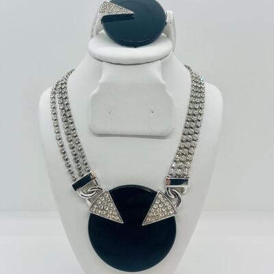 Lot 29: HTF Art Deco Vintage Trifari Set: Black and Rhinestone, Geometric, Unique Clasp and another bracelet Crown Trifari bangle