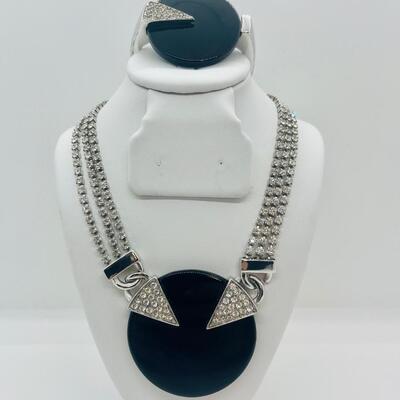 Lot 29: HTF Art Deco Vintage Trifari Set: Black and Rhinestone, Geometric, Unique Clasp and another bracelet Crown Trifari bangle