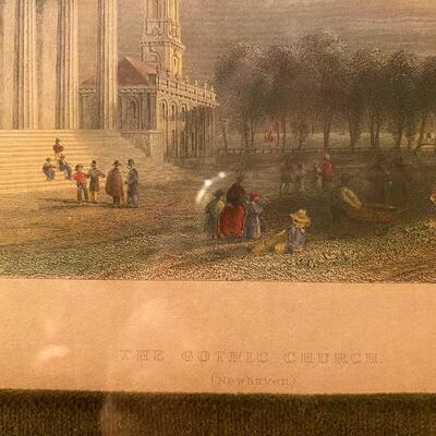 Pair of Original Old Framed Prints, hand colored. â€œThe Gothic Churchâ€ and â€œThe Exchange and Gerardâ€™s Bankâ€