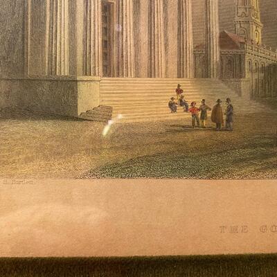 Pair of Original Old Framed Prints, hand colored. â€œThe Gothic Churchâ€ and â€œThe Exchange and Gerardâ€™s Bankâ€