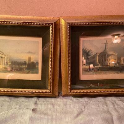 Pair of Original Old Framed Prints, hand colored. â€œThe Gothic Churchâ€ and â€œThe Exchange and Gerardâ€™s Bankâ€