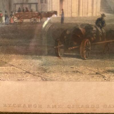 Pair of Original Old Framed Prints, hand colored. â€œThe Gothic Churchâ€ and â€œThe Exchange and Gerardâ€™s Bankâ€