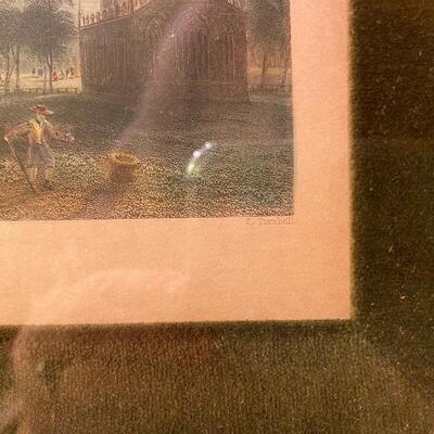 Pair of Original Old Framed Prints, hand colored. â€œThe Gothic Churchâ€ and â€œThe Exchange and Gerardâ€™s Bankâ€