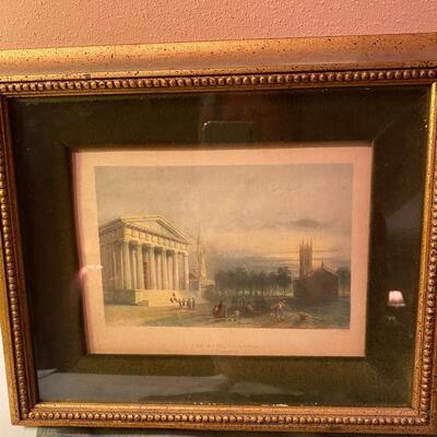 Pair of Original Old Framed Prints, hand colored. â€œThe Gothic Churchâ€ and â€œThe Exchange and Gerardâ€™s Bankâ€