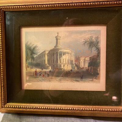 Pair of Original Old Framed Prints, hand colored. â€œThe Gothic Churchâ€ and â€œThe Exchange and Gerardâ€™s Bankâ€