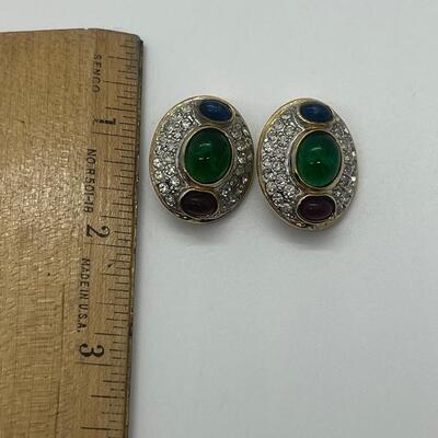 Lot 50: Vintage Costume Bracelet w/Safety Latch/ Multicolor Cabachons/Rhinestone w/ Matching Clip-on Earrings