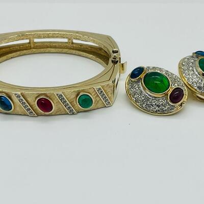 Lot 50: Vintage Costume Bracelet w/Safety Latch/ Multicolor Cabachons/Rhinestone w/ Matching Clip-on Earrings
