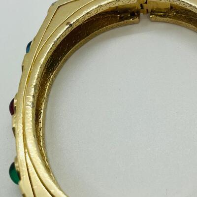 Lot 50: Vintage Costume Bracelet w/Safety Latch/ Multicolor Cabachons/Rhinestone w/ Matching Clip-on Earrings