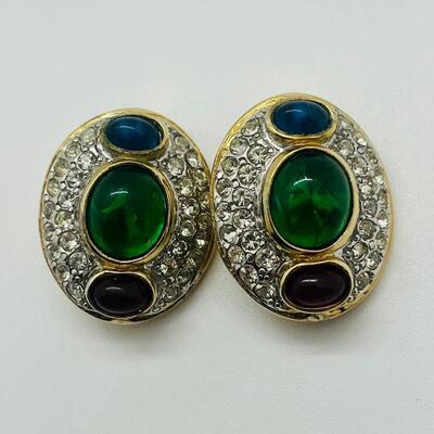 Lot 50: Vintage Costume Bracelet w/Safety Latch/ Multicolor Cabachons/Rhinestone w/ Matching Clip-on Earrings
